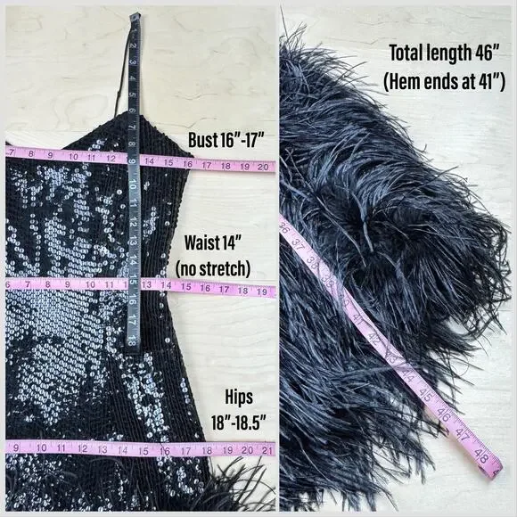 Vintage 1970s Black Sequins and Ostrich Feather Cocktail Dress - Picture 7 of 8
